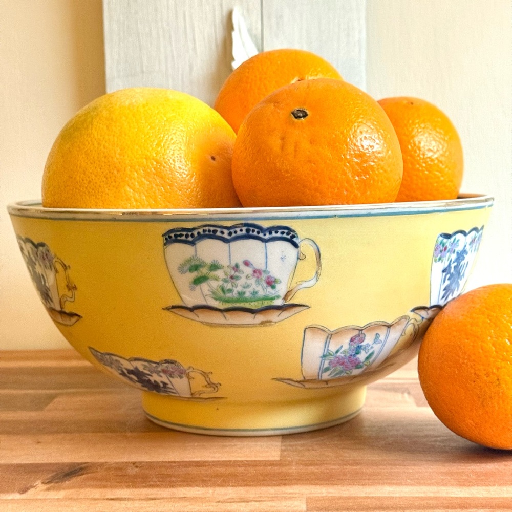 Vintage Chinese Pale Yellow Hand Painted Teacup Bowl, 10” - Picture 2 of 10